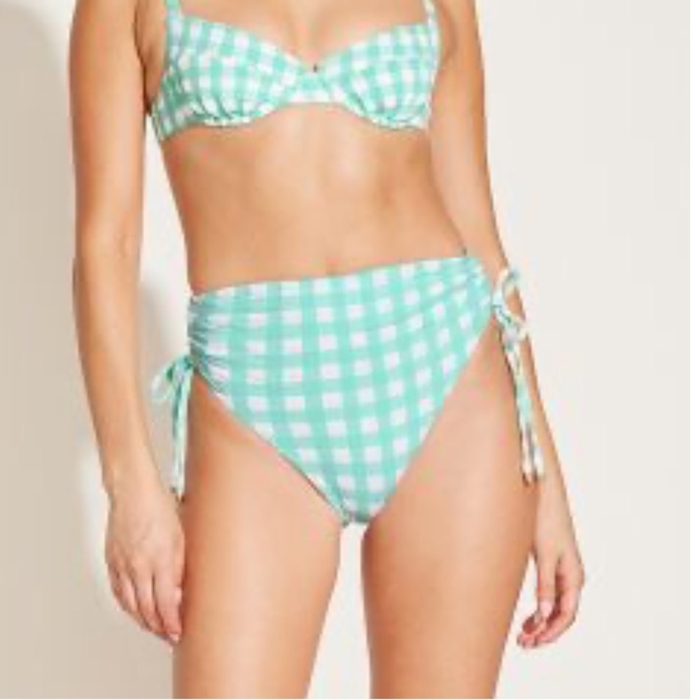 Vitamin A Seafoam Pucker Gingham Gemma Ruched High Waist Bottom NWOT